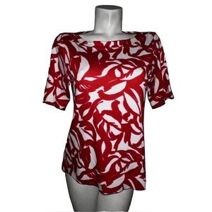 Chico's Top Women's Size M (1) Pinkish Red Pima Leaf Print Everyday Tee Shirt